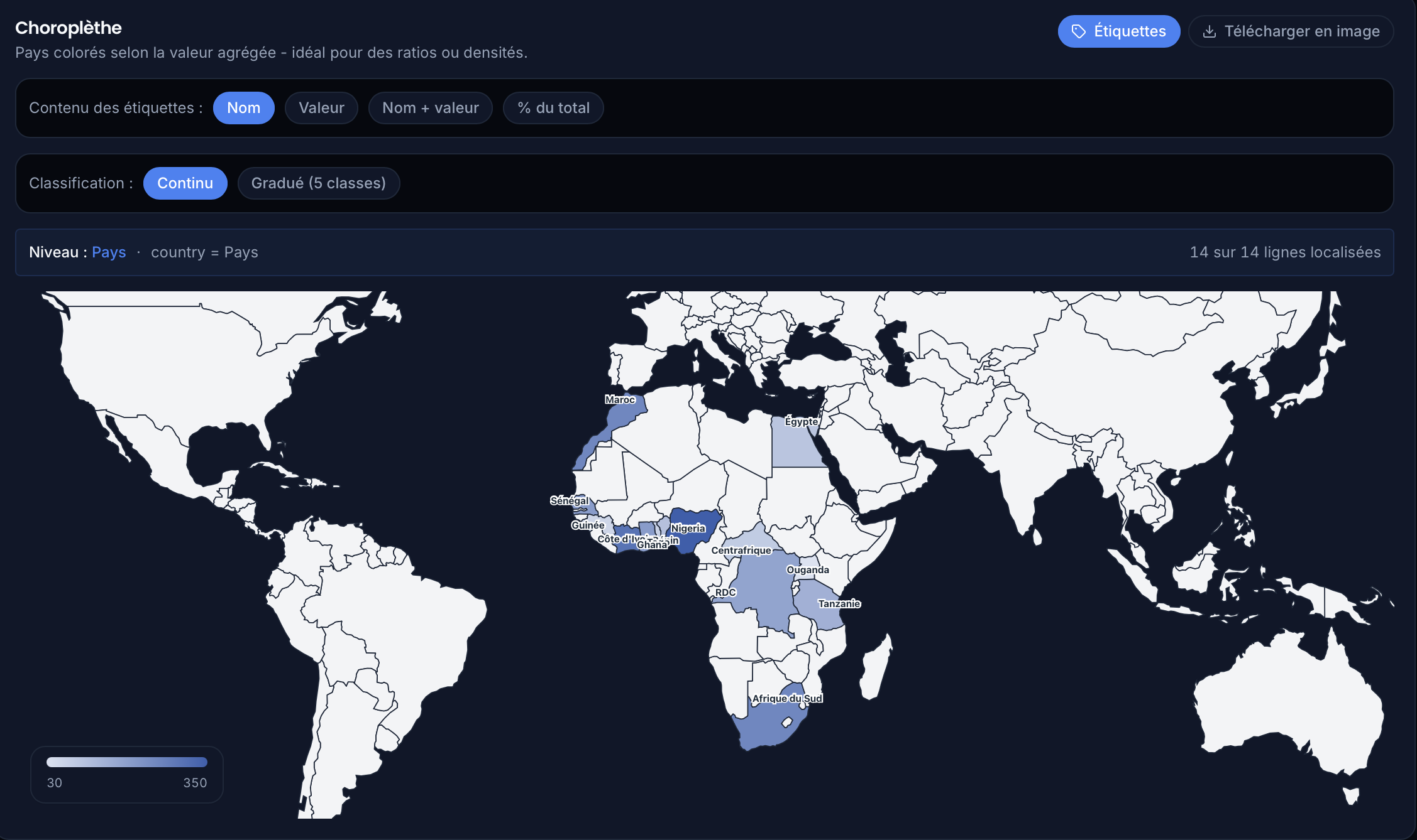 Module Analyse de données PilotKPIs : analyses descriptives (corrélations, statistiques), prédictives (tendances et prévisions) et géographiques (cartes choroplèthes par pays)