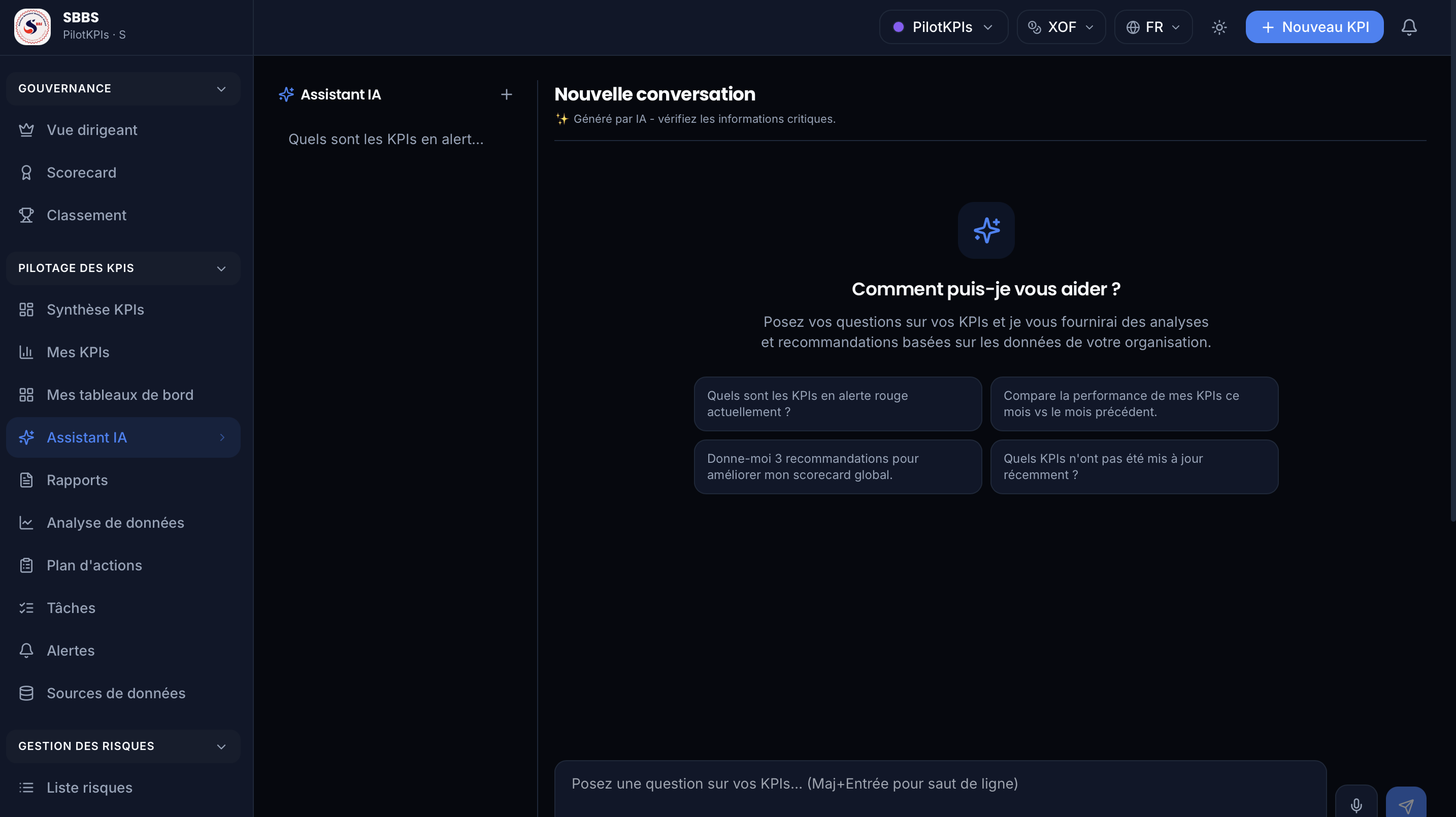 Assistant IA conversationnel PilotKPIs : posez vos questions en langage naturel sur vos KPIs et obtenez analyses et recommandations basées sur les données de votre organisation