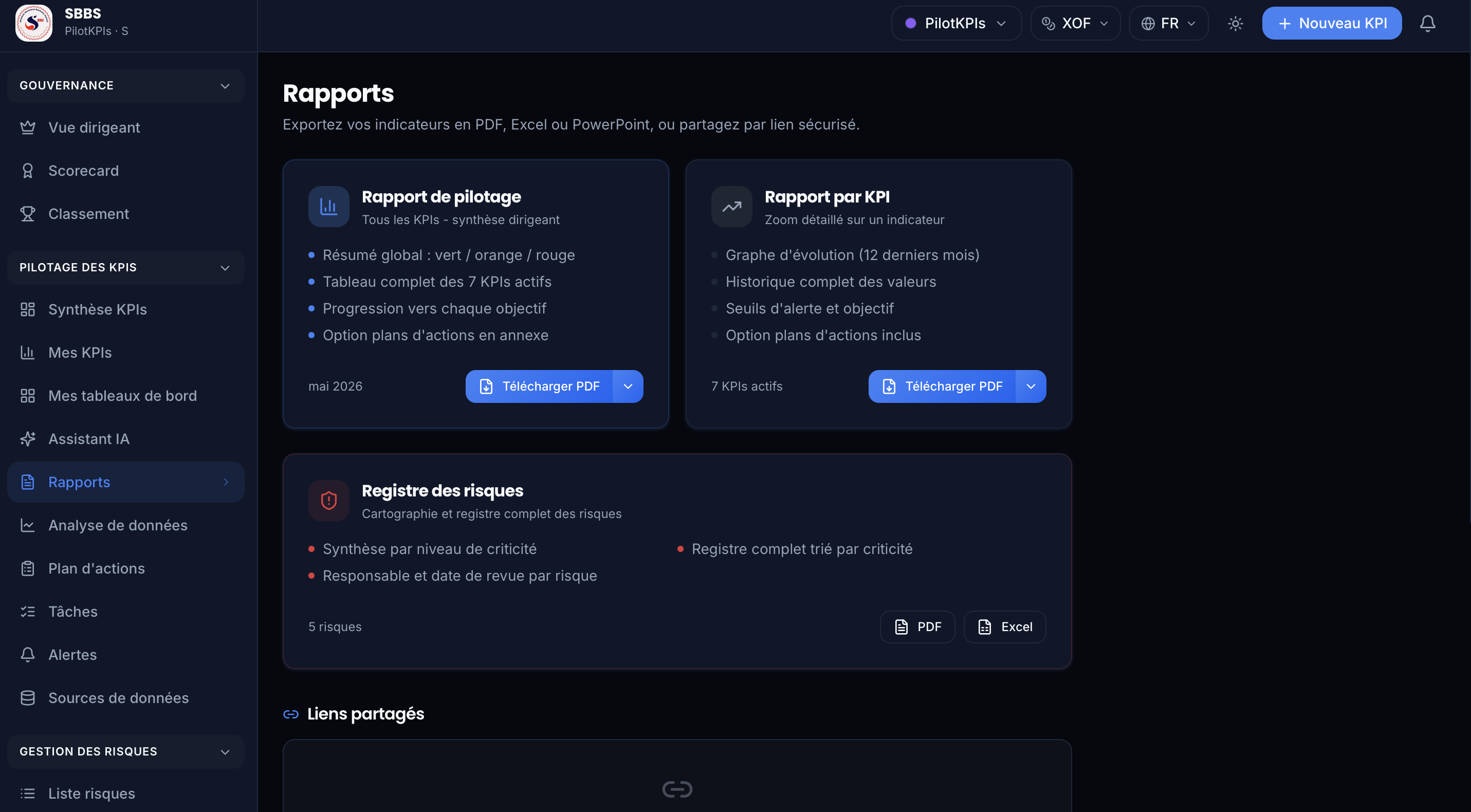 Page Rapports PilotKPIs : exports PDF, Excel et PowerPoint (rapport de pilotage dirigeant, rapport par KPI, registre des risques) et partage par lien sécurisé
